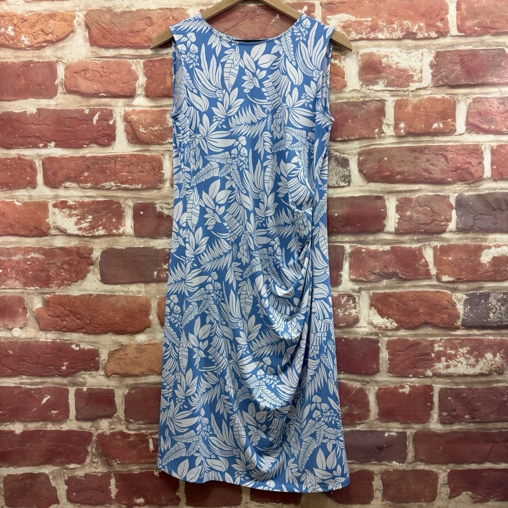 Brooks Brothers Dress Womens L Blue White Tropical Floral Ruched Casual Sundress